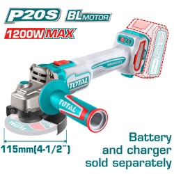 صاروخ برشلس 4.5 بوصة 1200 وات 20 فولت بدون بطارية وشاحن من توتال TAGLI221153 صاروخ برشلس 4.5 بوصة 1200 وات 20 فولت بدون بطارية وشاحن من توتال TAGLI221153