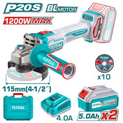 Total TAGLI2211532  Brushless  Cordless Angle Grinder 20 Volt with 2 Batteries and Charger