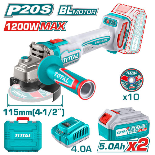 Total TAGLI2211532  Brushless  Cordless Angle Grinder 20 Volt with 2 Batteries and Charger