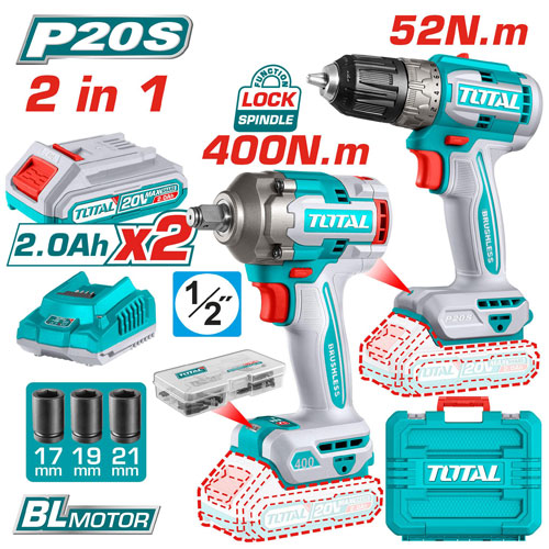 Total TCKLI20271 20V Brushless Cordless Drill & Wrench Combo Set Total TCKLI20271 20V Brushless Cordless Drill & Wrench Combo Set