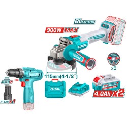 Total 20V Brushless Angle Grinder 4.5" 900W with 2 Batteries and Charger with 12V Drill