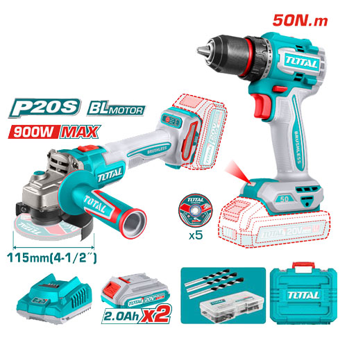 Total Brushless Drill 55Nm and Grinder 20V 4.5" with Battery