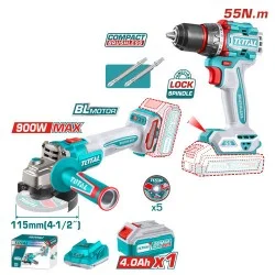 Total Brushless Drill 55Nm and Grinder 20V 4.5" with 4Ah Battery 