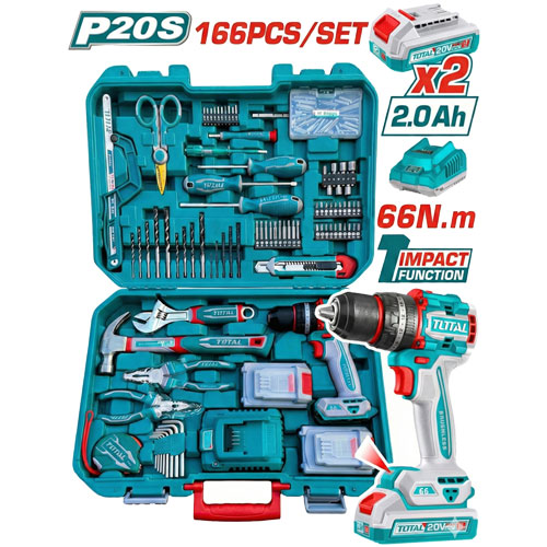شنطة معدات 166 قطعة مع شنيور دقاق 66 نيوتن 20 فولت من توتال THKTHP11662