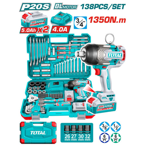 Total THKTHP41383 20V Cordless Impact Wrench Set 138pcs – 3/4" 1350Nm Total THKTHP41383 20V Cordless Impact Wrench Set 138pcs – 3/4" 1350Nm