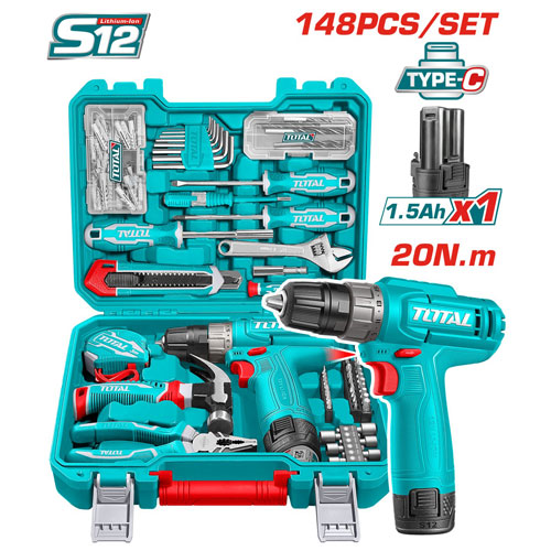 شنطة معدات 148 قطعة مع شنيور 12 فولت من توتال THKTHP41487