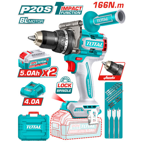 Total TIDLI201668  Impact Drill 20V 166Nm with 2 Batteries and Charger