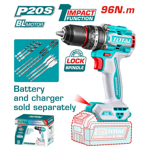 Total TIDLI209681 Brushless Hammer Drill - 96Nm, 20V, 13mm without Battery and Cahrger Total TIDLI209681 Brushless Hammer Drill - 96Nm, 20V, 13mm without Battery and Cahrger