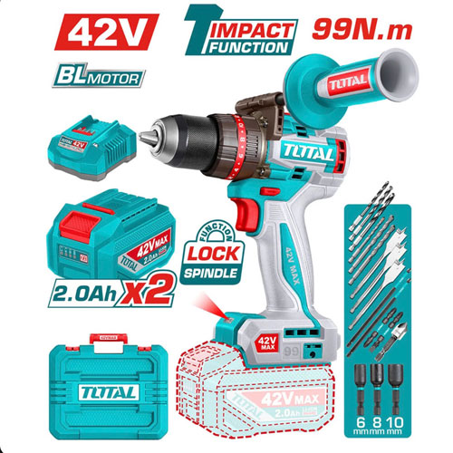 شنيور 42 فولت 99 نيوتن مع ب2 طارية و شاحن من توتال TIDLI429982
