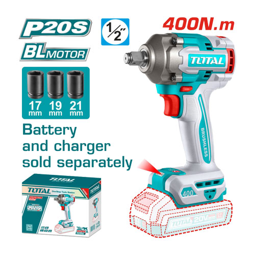 Total TIWLI20401 Impact Wrench 1/2"  20V 400Nm Without Battery and Cahrger