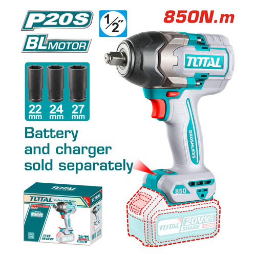 Total TIWLI20851 Impact Wrench 1/2 inch Li-ion 20 Volt 850Nm Without Battery and Charger Total TIWLI20851 Impact Wrench 1/2 inch Li-ion 20 Volt 850Nm Without Battery and Charger