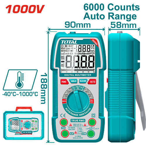 Total TMT5310004 Auto Range Multimeter 6000 count Non-contact voltage detection. Total TMT5310004 Auto Range Multimeter 6000 count Non-contact voltage detection.