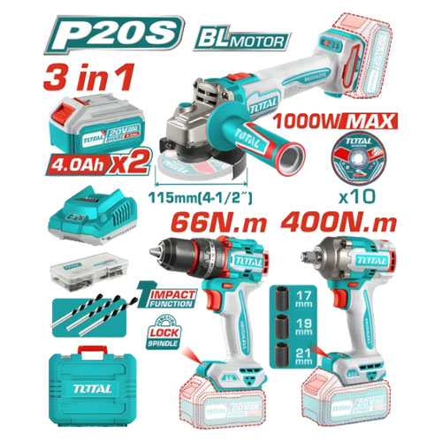 طقم شنيور 60 نيوتن مع صاروخ 4.5 بوصة و دريل 400 نيوتن من توتال TOSLI241291