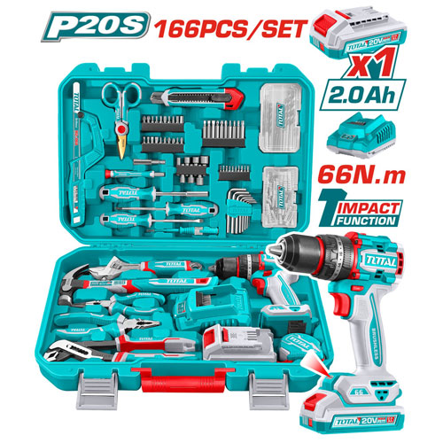 شنطة معدات 166 قطعة مع شنيور دقاق 66 نيوتن 20 فولت من توتال THKTHP41667